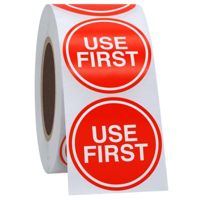 Red circular use first stock rotation label 2? / 5cm roll of 500
