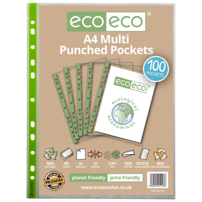 Eco-eco recycled punched pockets 65 micron a4 - pack of 100