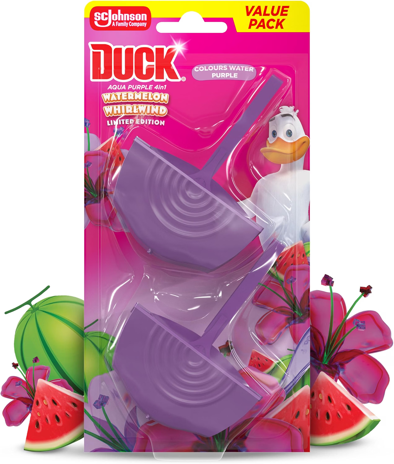 Duck colouring toilet rim block duo, watermelon whirlwind, foaming toilet bowl cleaner, long-lasting fragrance, 36g x 2