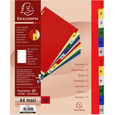 Exacompta polypropylene printed a4 maxi indices 12 part (1-12) coloured tabs