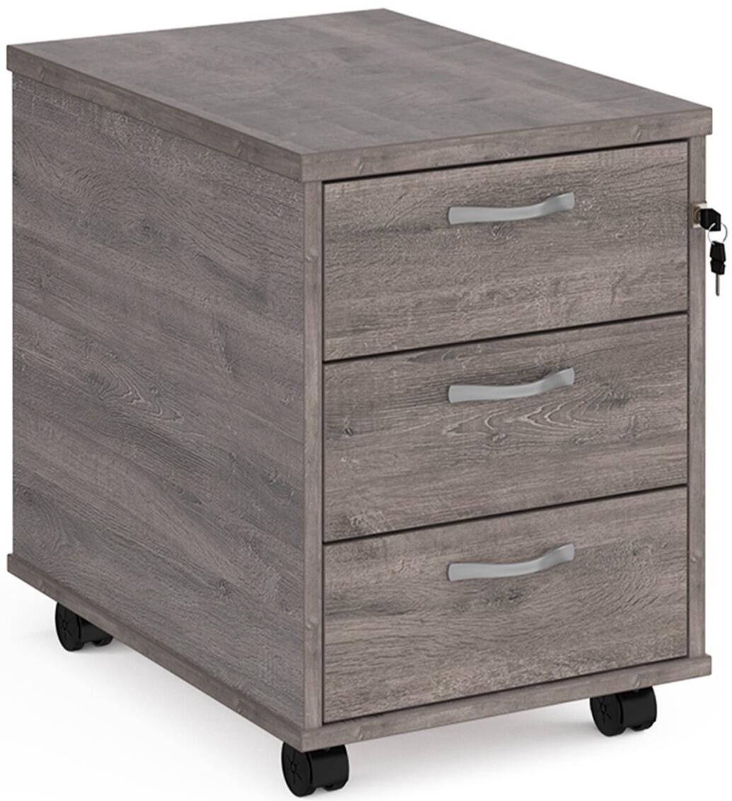Mobile 3 drawer pedestal with silver handles 600mm deep - grey oak