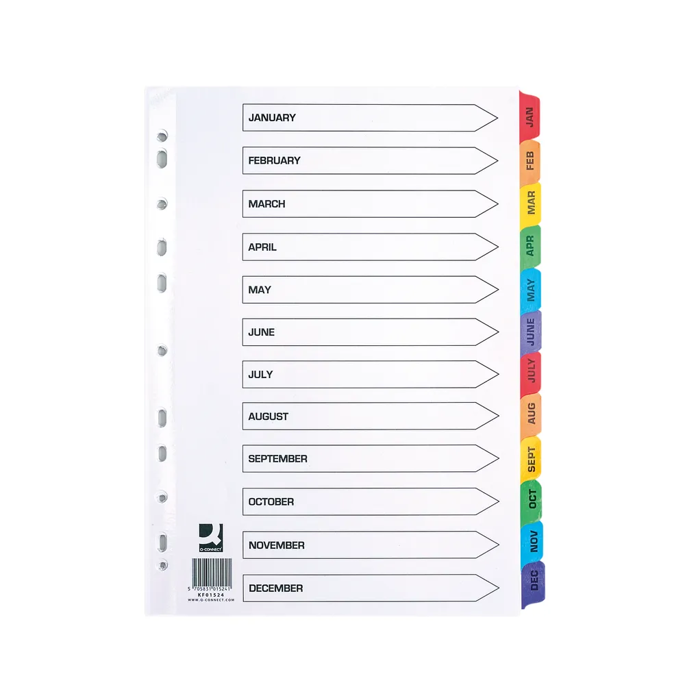 Q-connect multi-punched january-december reinforced multi-colour a4 index pre-printed tabs